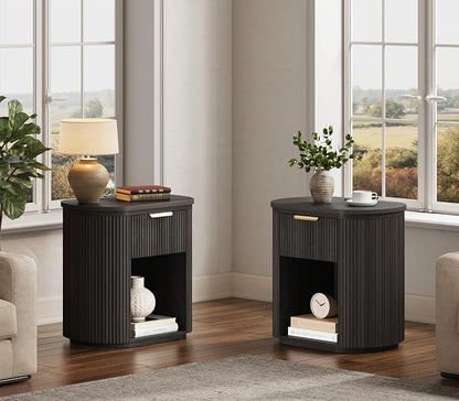 Fluted Nightstand with Charging Station, 23.6" Bedside Side Table with Drawer, Wood End Table with Storage, Curved Round Corner, Furniture Bedroom Sofa, Mid Century Modern, Vintage, Black,Set of 2