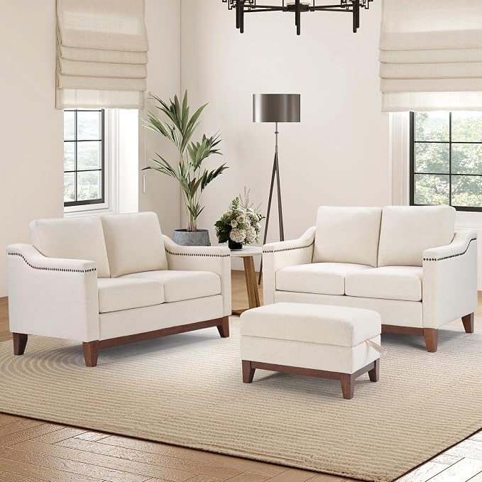 HAOMARKETS 3 Piece Fabric Sofa Set with Nailhead Trim, Included 2 Loveseat 2-Seater Couches with Thicked Cushion and Upholstered Storage Ottoman with Flip-Top Table, Living Room Furniture Set,Beige
