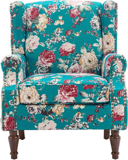 High Back Floral Accent Chair, Upholstered Armchair in Fabric, Retro Printed Wingback Arm Chair for Living Room, Nailhead Trim Single Sofa Bedroom Reading Seat - Peacock Blue