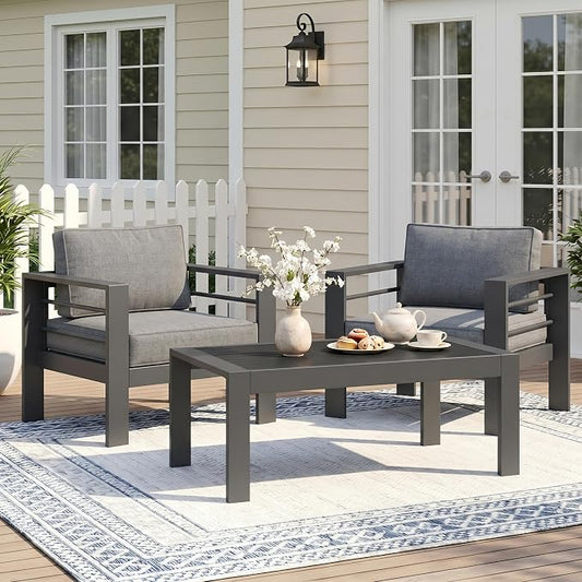 Wisteria Lane Aluminum Outdoor Sofa, 3 Pieces Patio Couch All-Weather Rust-Proof Modern Metal Patio Furniture with 5" Thick Olefin Cushions, Light Grey