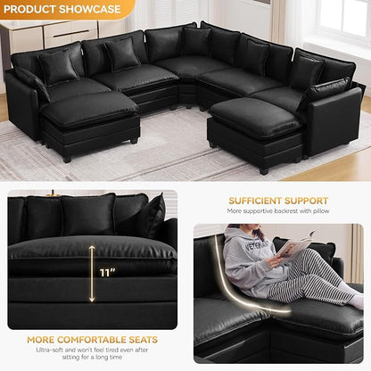 137'' V Shaped Cloud Sectional Sofa, Oversized Deep Seat Leather Couches for Living Room, Comfy Upholstered Modular Sectional Sofa Couch with 2 Movable Ottoman, Leather Black