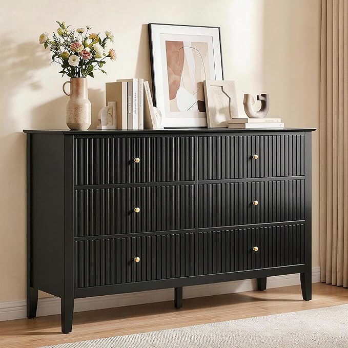 RoyalCraft Black 6 Drawer Dresser, Fluted Modern Wood Dresser, Double Chest of Drawers for Bedroom, TV Stand Storage Cabinet for Living Room