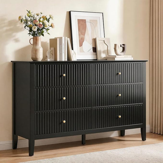 RoyalCraft Black 6 Drawer Dresser, Fluted Modern Wood Dresser, Double Chest of Drawers for Bedroom, TV Stand Storage Cabinet for Living Room