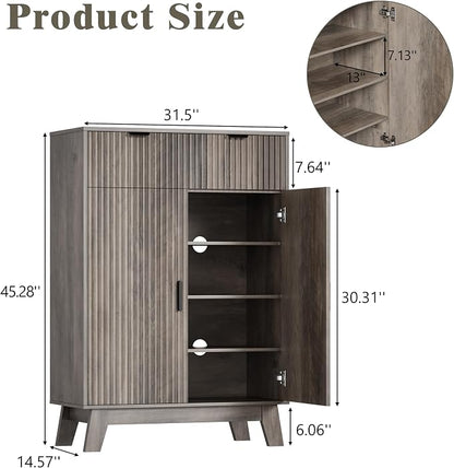 Shoe Cabinet Storage for Entryway with Doors, 4 Tier Fluted Shoe Organizer with 2 Drawers, Entryway Shoe Storage with Adjustable Shelves, Freestanding Hidden Shoe Rack for Front Door Entrance, Grey