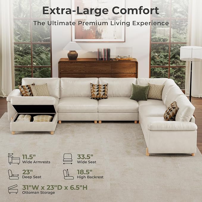 SITJOY Large Cloud Couch, 138" Wide 6 Seater U Shape, Faux Leather in White | Pet-Friendly Scratch-Resistant Leather Sectional Sofas for Living Room, Deep Seat Wide Couch with Chaise, Storage Ottoman