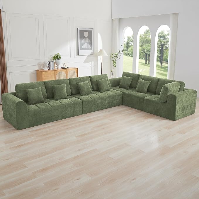 170''Modular Sectional Couches for Living Room, Cloud Boneless Compressed Sectional Sofa, Oversized L Shaped 7 Seater Upholstered Memory Foam Sofa, No Assembly, Chenille Green