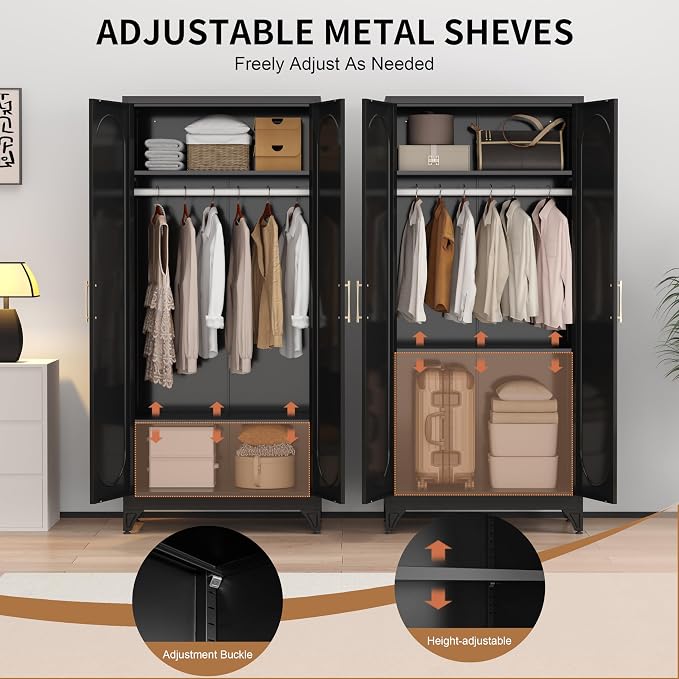 Metal Wardrobe Cabinets,Black Armoire Wardrobe Closet with Hanging Rod,Clothes Storage Cabinet with Adjustable Shelves and Doors,Clothing Cabinet for Bedroom, Office, Laundry Room