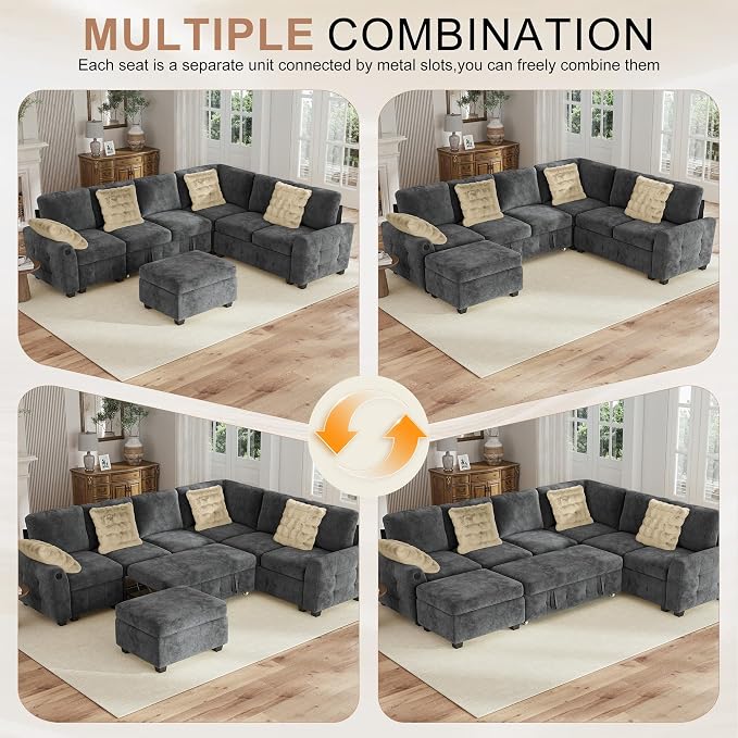 Hanherry Sectional Couch with Pull Out Sofa Bed,Chenille Sleeper Sofa with Storage Ottoman & USB Charging,Comfy L Shaped Modular Couches for Living Room,Apartment