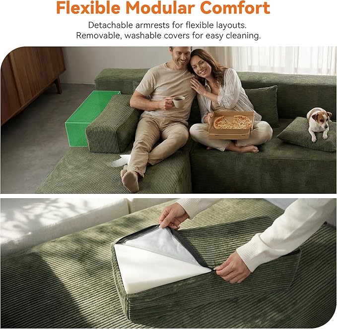 MONVANE 106" Cloud Sectional Couch with L-Shaped Chaise, Modular Sectional Sofa with Deep Seat and Removable Armrests, Comfy Corduroy Boneless Couches for Living Room, No Assembly Required, Green