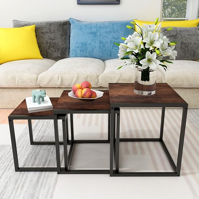 Nesting Table Set of 3 Side Tables, Modern Coffee Table Stacking End Table with Metal Frame，Brown