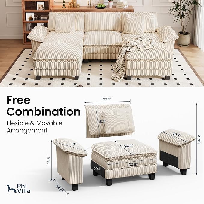 PHI VILLA Cloud Modular Couch Sets, 123.6" Oversized Sectional Sofa with U-Shaped Chaise, 5-Seater Couches with 2 Movable Ottomans for Living Room, Corduroy Beige