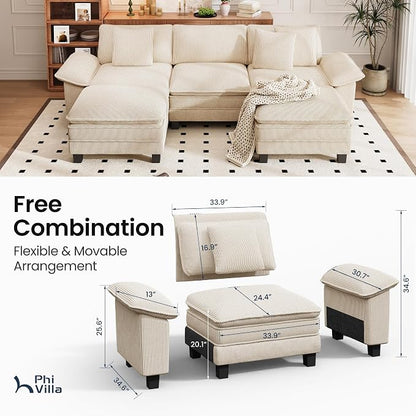 PHI VILLA Cloud Modular Couch Sets, 123.6" Oversized Sectional Sofa with U-Shaped Chaise, 5-Seater Couches with 2 Movable Ottomans for Living Room, Corduroy Beige