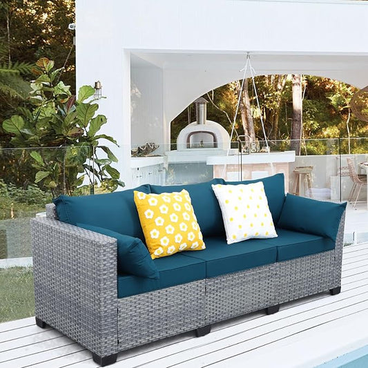 Lviden Outdoor Couch 3-seat Patio Sofa Outdoor Furniture Deep Seat High Backrest Patio Couch with Non-Slip Cushions and Waterproof Cover, Peacock Blue