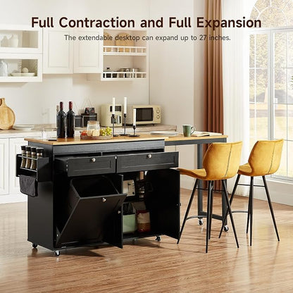 ONBRILL Kitchen Islands with Extendable Dining Table, 81.7" Mobile Kitchen Storage Islands, Rolling Kitchen Cart with Trash Cabinet, Power Outlet, Spice Rack & Towel Rack, Black
