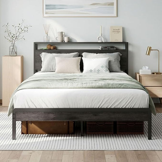 LIKIMIO Full Bed Frame with Headboard, Dark Wood Camas Full with Strong Supports, Sturdy, Noise-Free, No Box Spring Needed, Grey