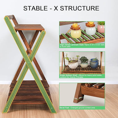 Indoor Plant Stand for Multiple Plants 2 Tier Wood Plant Shelf with Hanging | Outdoor Flower Pot Stand Holder with Planter Hanger for Yard Patio Garden Balcony Porch Living Room Corner ( Rustic X-Cross)