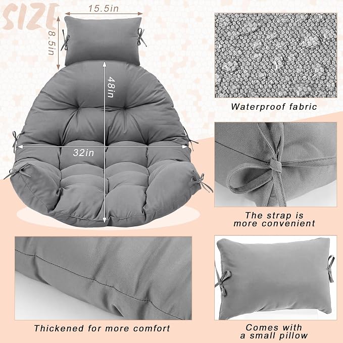 Tudomro Waterproof Egg Chair Cushion with Pillow Filling 2.58 kg Replacement Rocking Wicker Chair Cushion 48" x 32" High Back Hanging Swing Hammock Pad Thicken for Outdoor Patio Garden (Dark Gray)