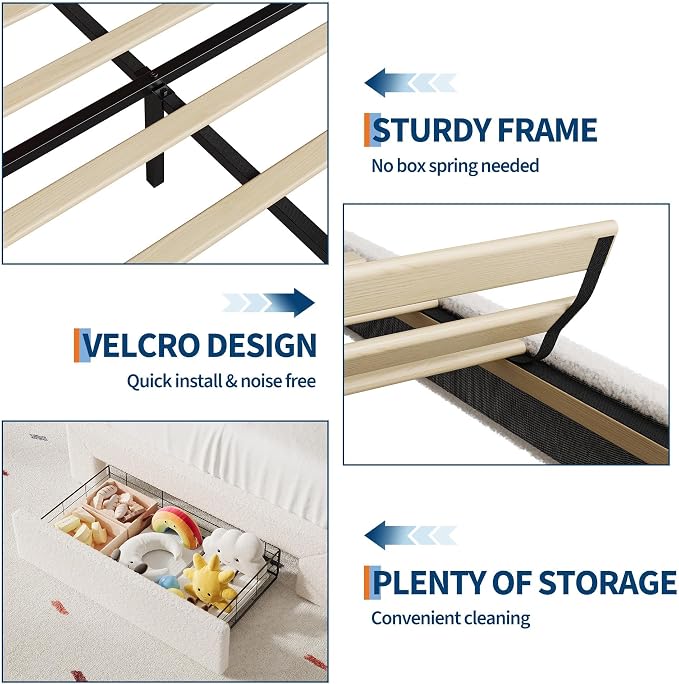 IDEALHOUSE Twin Bed Frame with LED Headboard and Under-Bed Drawer, Metal Upholstered Platform Bed with LED Light for Kids, Girls, Lamb Fleece Fabric, Wooden Slats Support, No Box Spring Needed, White