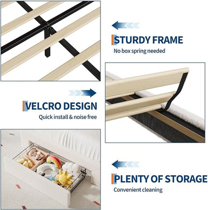 IDEALHOUSE Twin Bed Frame with LED Headboard and Under-Bed Drawer, Metal Upholstered Platform Bed with LED Light for Kids, Girls, Lamb Fleece Fabric, Wooden Slats Support, No Box Spring Needed, White
