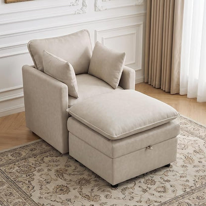 30" Beige Faux Leather Storage Sofa Chair, Single Accent Chair with Ottoman | Modern Upholstered Deep Seat Sofa Chair, Comfort for Reading, Lounging, and Small spaces, Armchair for Living Room, Bedroom