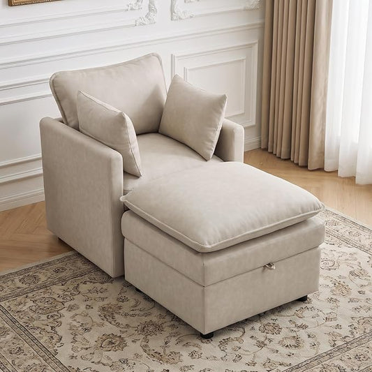 30" Beige Faux Leather Storage Sofa Chair, Single Accent Chair with Ottoman | Modern Upholstered Deep Seat Sofa Chair, Comfort for Reading, Lounging, and Small spaces, Armchair for Living Room, Bedroom