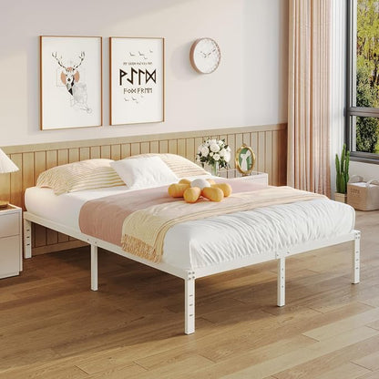 YUSENHEEI 14 Inch Queen Bed Frame No Box Spring Needed, Heavy Duty Metal Bed Frame Queen Size with Large Underbed Storage Space, Noise Free, Easy Assembly, White