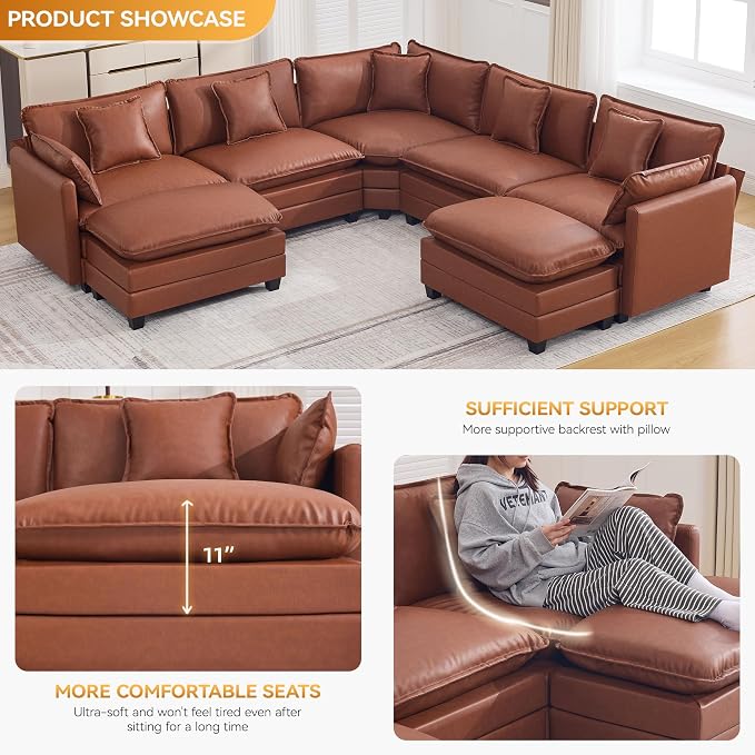 137'' V Shaped Cloud Sectional Sofa, Oversized Deep Seat Leather Couches for Living Room, Comfy Upholstered Modular Sectional Sofa Couch with 2 Movable Ottoman, Leather Brown
