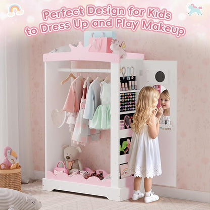 Xilingol Kids Armoire with Jewelry Cabinet, Dress up Storage with Mirror, Princess Dress Closet and Costumes Wardrobe Closet, Costume Organizer for Bedroom, Kids Room, Girls (White)
