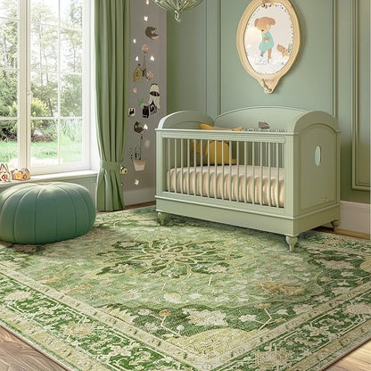 RELEANY Area Rugs 5'x8' Washable Non-Slip, Floral Vintage Distress Medallion Carpet for Living Room Bedroom Dining Room, Sage Green Yellow