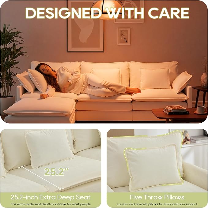 113" Chenille Modular Sectional Sofa, Convertible L Shaped Modular Sofa Comfy Cloud Couch with Ottoman, Side Pockets and 5 Throw Pillows for Living Room (Beige, 113'' - 4 Seat)