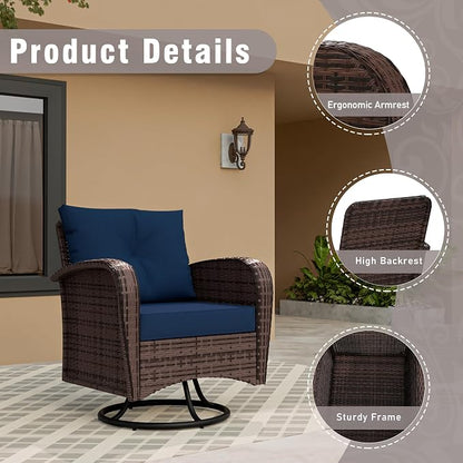4 Piece Patio Conversation Set - 2 Swivel Chairs 1 Coffee Table 3-Seater Sofa, PE Wicker & Steel Patio Furniture with Heavy-Duty Steel Frame,Weatherproof Cushions, Blue