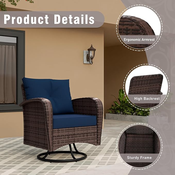 3 Piec Patio Bistro Set with 2 Rocking Chairs & Table, 360° Swivel PE Wicker Outdoor Furniture, Heavy-Duty Steel Frame,Weatherproof Cushions, Blue