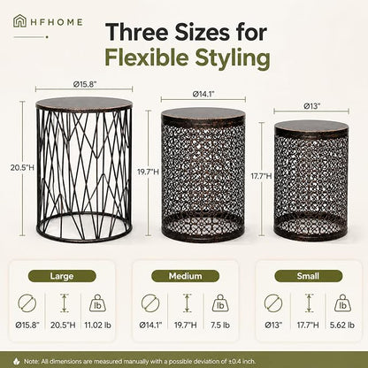 HFHOME Set of 3 Heavy-Duty Round End Table, Side Table, Coffee Table for Indoor Multifunctional Use, Outdoor Decorative Garden Stool Plant Stand-Bronze