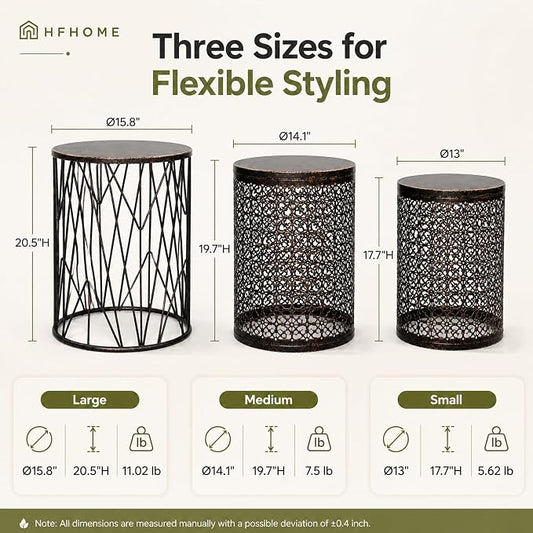 HFHOME Set of 3 Heavy-Duty Round End Table, Side Table, Coffee Table for Indoor Multifunctional Use, Outdoor Decorative Garden Stool Plant Stand-Bronze