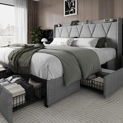 Einhomn King Size Bed Frame with 4 Storage Drawers and Charging Station, Upholstered Platform Bed Frame with Storage Headboard, No Box Spring Needed, Easy Assembly, Light Grey