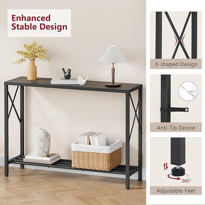 Tajsoon Industrial Console Table 41.8", 2 Tier Entryway Table with Storage Shelves, Narrow Sofa Table with Stable X-Frame, for Living Room, Hallway, Foyer, Office, Dark Grey