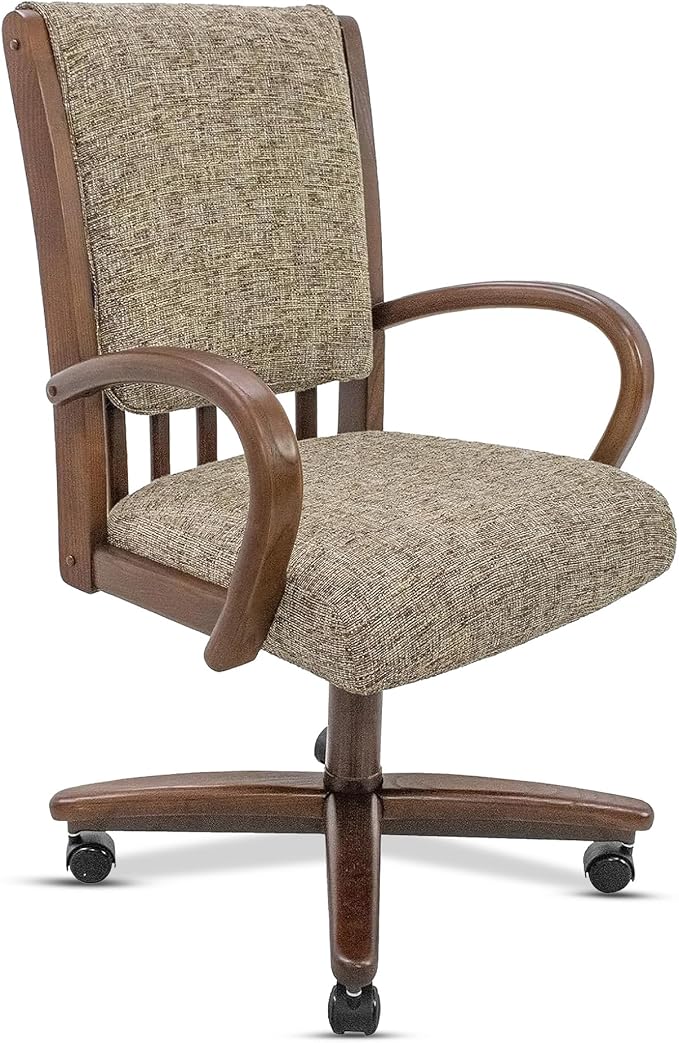 Chromcraft Set of 1 Swivel-Tilt Dining Chair with Casters, Upholstered Kitchen Chairs with Wooden Arms & Metal Pedestal Base, Premium Foam Comfort, Noriko Earth-Walnut