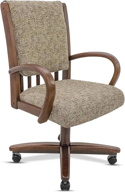 Chromcraft Set of 1 Swivel-Tilt Dining Chair with Casters, Upholstered Kitchen Chairs with Wooden Arms & Metal Pedestal Base, Premium Foam Comfort, Noriko Earth-Walnut