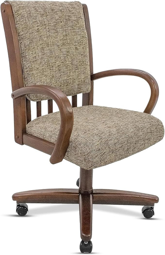 Chromcraft Set of 1 Swivel-Tilt Dining Chair with Casters, Upholstered Kitchen Chairs with Wooden Arms & Metal Pedestal Base, Premium Foam Comfort, Noriko Earth-Walnut