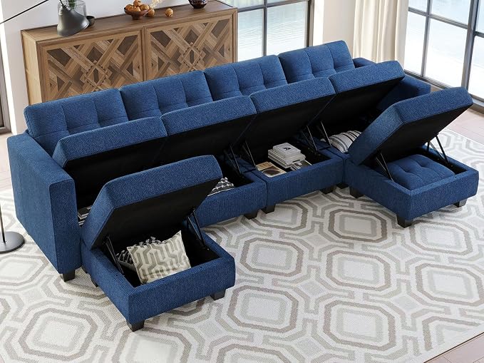 Belffin Reversible Storage Modular U-Shape Sectional Sofa Couch with Double Chaises Modular Sectional Sofa Set with Ottomans Fabric Blue