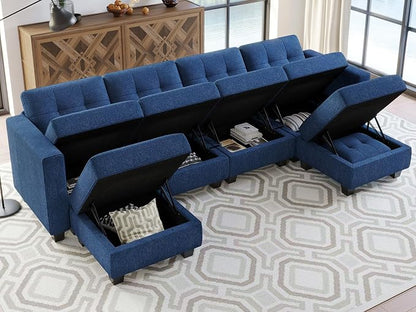 Belffin Reversible Storage Modular U-Shape Sectional Sofa Couch with Double Chaises Modular Sectional Sofa Set with Ottomans Fabric Blue