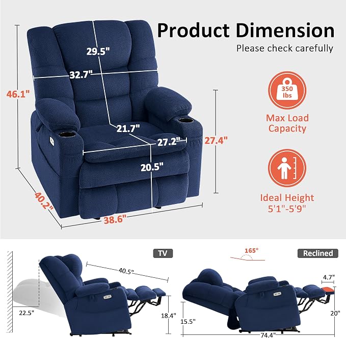 MCombo Big Man Power Lay Flat Lift Chair, Triple Motor Power Lift Recliner with Massage & Dual Heating, Adjustable Headrest, Fabric R7524 (Navy Blue, Medium-Wide)
