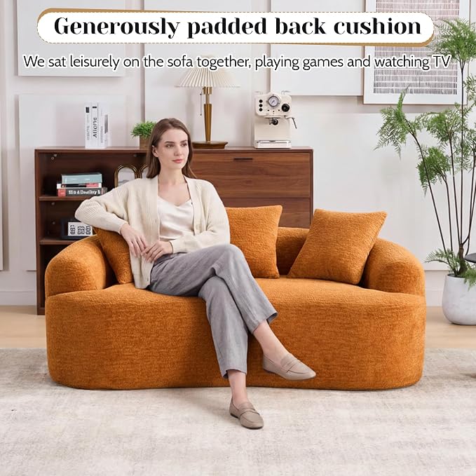 65" Curved Loveseat,Deep Seat Cloud Floor Couch with 3 Backrest,Cozy Chenille Fabric,Small Loveseat for Small Spaces,Bedroom,Office,Apartment (Orange, 65 Inch)