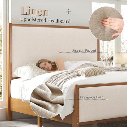 Jocisland 58" Tall Solid Wood Queen Bed Frame with Upholstered Headboard & Footboard, Wooden Platform Bedframe, No Box Spring Needed, Easy Assembly, Modern Farmhouse Style, Walnut, Linen