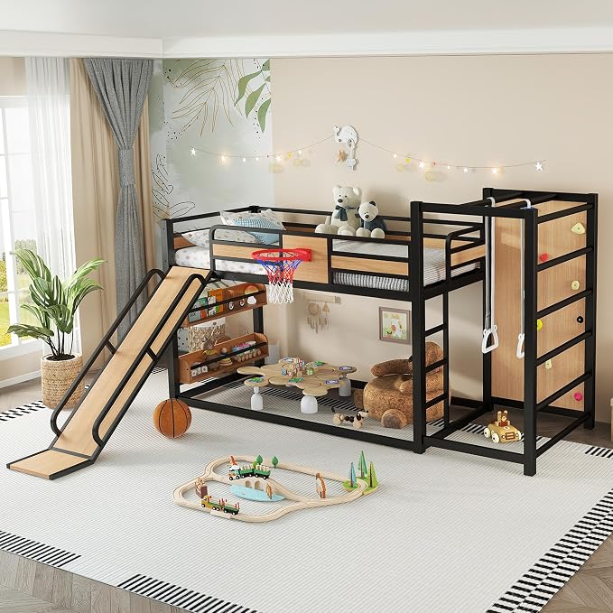 Bellemave Twin XL Bunk Bed with Basketball Hoop, Pull-up Rings and Climbing Wall, Twin XL Bunk Bed with Slide and Bookcase, Heavy Duty Bunk Beds with Guardrail, Natural
