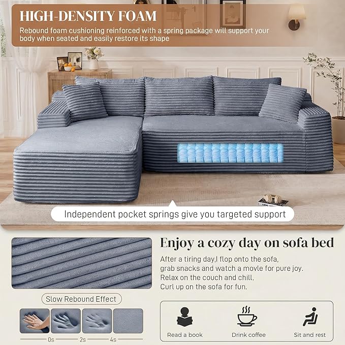 95" L Shaped Cloud Boneless Sectional Couches for Living Room, Modern Comfy Modular Deep Seat Memory Foam Compressed Corduroy Sofa Oversized Left Facing Chaise, No Assembly Required, Grey