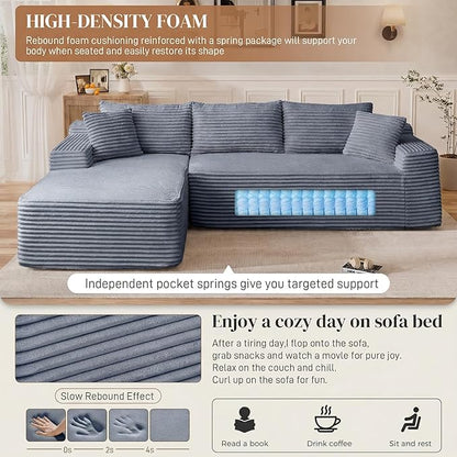 95" L Shaped Cloud Boneless Sectional Couches for Living Room, Modern Comfy Modular Deep Seat Memory Foam Compressed Corduroy Sofa Oversized Left Facing Chaise, No Assembly Required, Grey