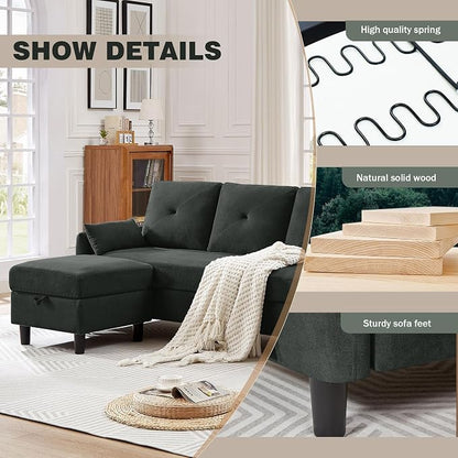 Convertible L-Shaped Sectional Sofa, 3-Seat Sofa Couches with Storage Ottoman & 2 Pillows and Side Storage Pockage, Small Modern Couch for Living Room, Apartment and Office, Black