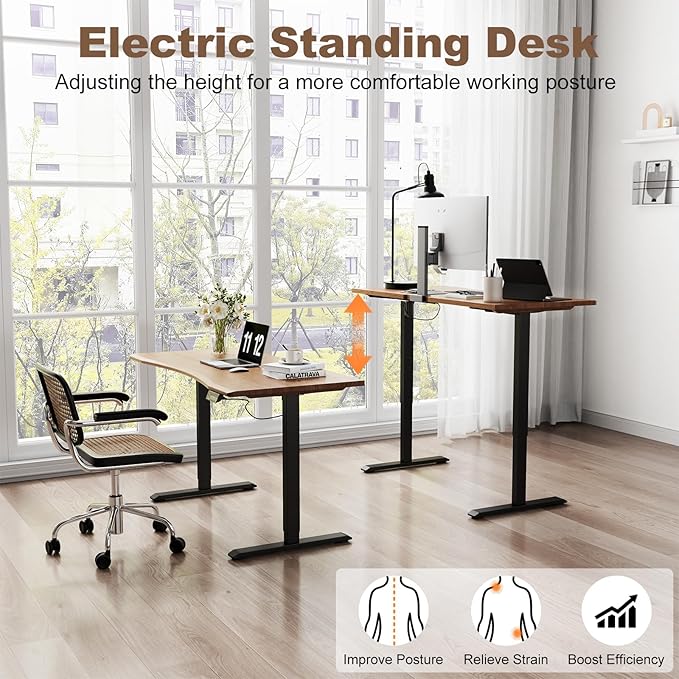 Solid Wood Electric Standing Desk 55"x23.6"Home Office Desk,Adjustable Workbench with 3 Stages Single Motor, Computer Workstation with T-Shaped Metal Bracket,Walnut Standing Desk for Gaming(1 Box)