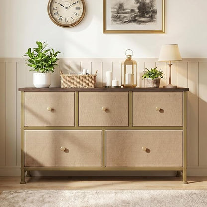 OLIXIS 5 Drawer Dresser for Bedroom, Storage Organizer for Closet, Khaki | Chest of Drawers for Clothes Storage with Bins, Wide Fabric Bedroom Dresser, Wooden Top, Living Room, Black Wood